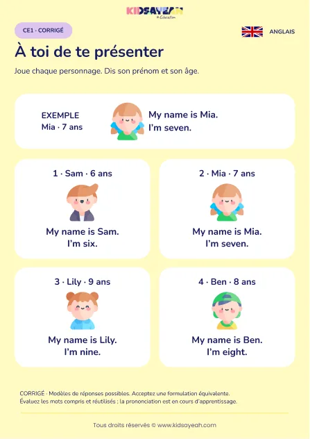 Jouer une présentation prénom âge en anglais au CE1 — corrigé