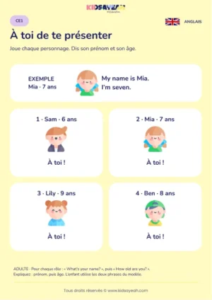 Jouer une présentation prénom âge en anglais au CE1 — fiche enfant