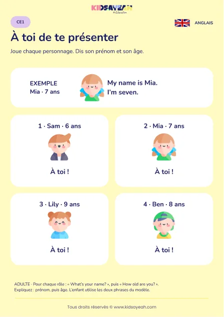 Jouer une présentation prénom âge en anglais au CE1 — fiche enfant