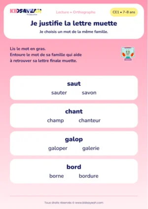 justifier les lettres muettes de saut, chant, galop et bord au CE1 — aperçu de la fiche CE1 à imprimer