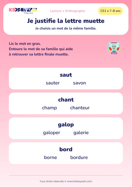 justifier les lettres muettes de saut, chant, galop et bord au CE1 — aperçu de la fiche CE1 à imprimer