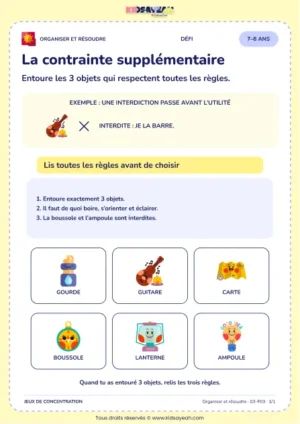 La contrainte supplémentaire – jeu de logique et d’organisation à imprimer pour les enfants de 7–8 ans