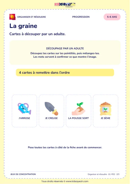 La graine – jeu de logique et d’organisation à imprimer pour les enfants de 5–6 ans – page 2 : page 2 : 2/3 — Cartes