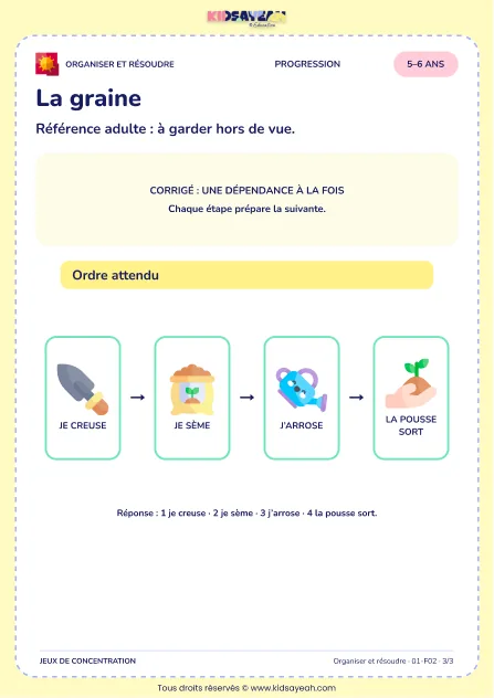 La graine – jeu de logique et d’organisation à imprimer pour les enfants de 5–6 ans – page 3 : page 3 : 3/3 — Corrigé adulte
