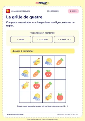 La grille de quatre – jeu de logique et d’organisation à imprimer pour les enfants de 5–6 ans