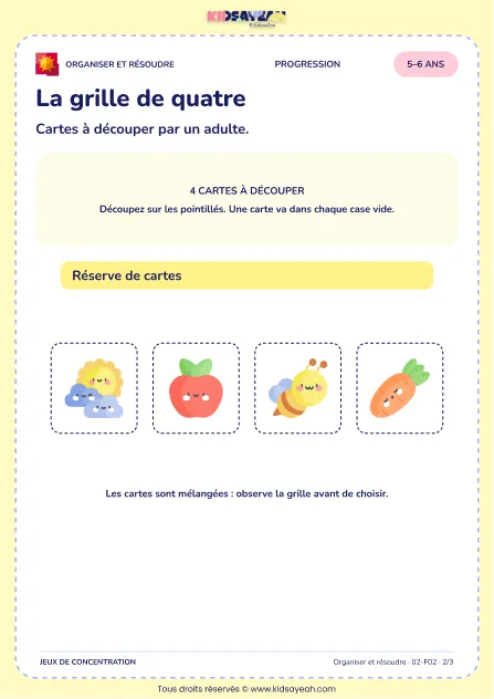 La grille de quatre – jeu de logique et d’organisation à imprimer pour les enfants de 5–6 ans – page 2 : page 2 : 2/3 — Cartes