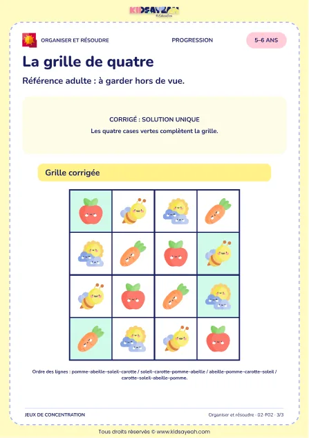 La grille de quatre – jeu de logique et d’organisation à imprimer pour les enfants de 5–6 ans – page 3 : page 3 : 3/3 — Corrigé adulte