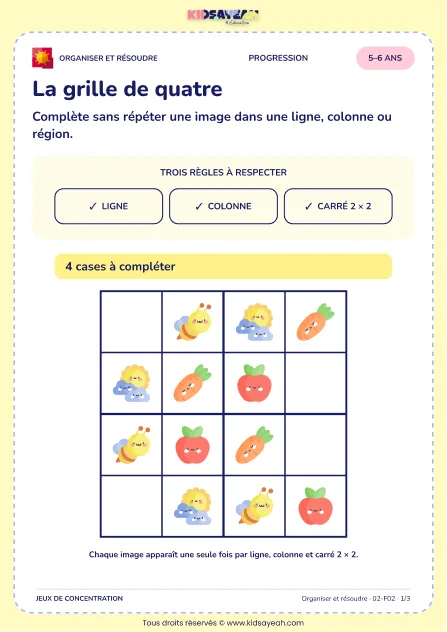 La grille de quatre – jeu de logique et d’organisation à imprimer pour les enfants de 5–6 ans