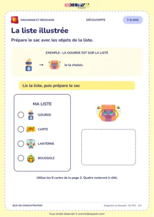 La liste illustrée – jeu de logique et d’organisation à imprimer pour les enfants de 7–8 ans