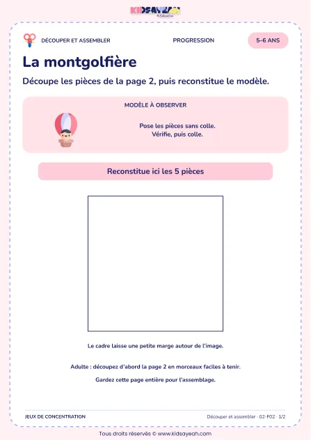 La montgolfière – activité de découpage et assemblage à imprimer pour les enfants de 5–6 ans