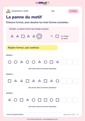 La panne du motif – jeu de codes et modèles à imprimer pour les enfants de 5–6 ans