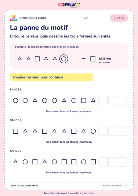 La panne du motif – jeu de codes et modèles à imprimer pour les enfants de 5–6 ans