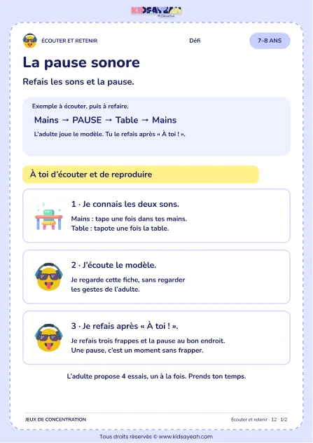La pause sonore – jeu d’écoute et d’attention à imprimer pour les enfants de 7–8 ans