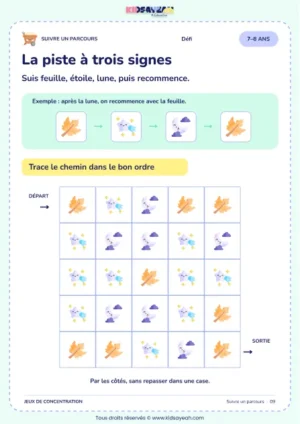 La piste à trois signes – parcours visuel à imprimer pour les enfants de 7–8 ans