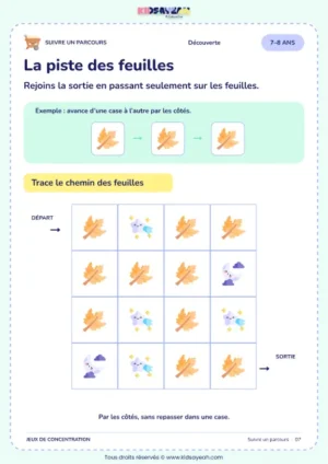 La piste des feuilles – parcours visuel à imprimer pour les enfants de 7–8 ans