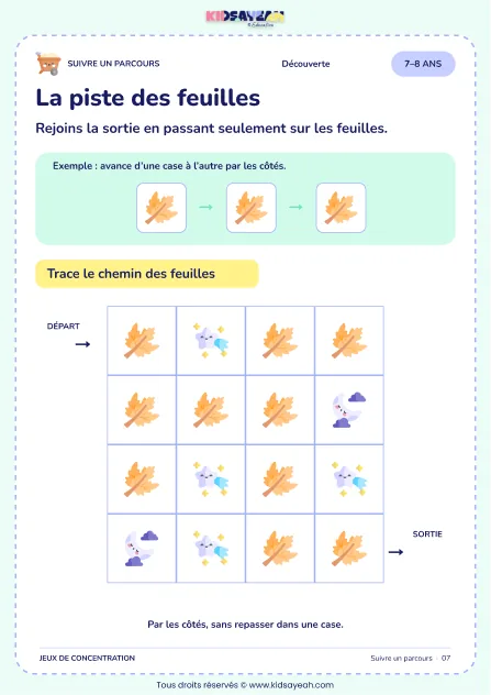 La piste des feuilles – parcours visuel à imprimer pour les enfants de 7–8 ans