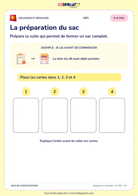 La préparation du sac – jeu de logique et d’organisation à imprimer pour les enfants de 5–6 ans