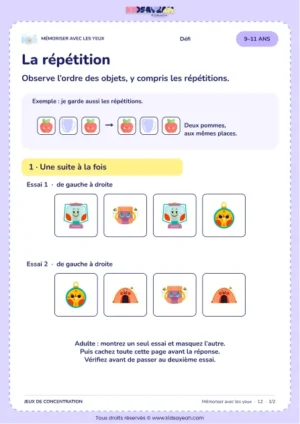 La répétition – jeu de mémoire visuelle à imprimer pour les enfants de 9–11 ans