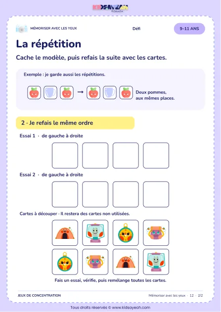 La répétition – jeu de mémoire visuelle à imprimer pour les enfants de 9–11 ans – page 2 : page 2 : 2/2