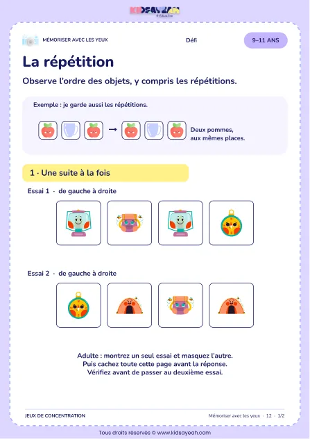 La répétition – jeu de mémoire visuelle à imprimer pour les enfants de 9–11 ans
