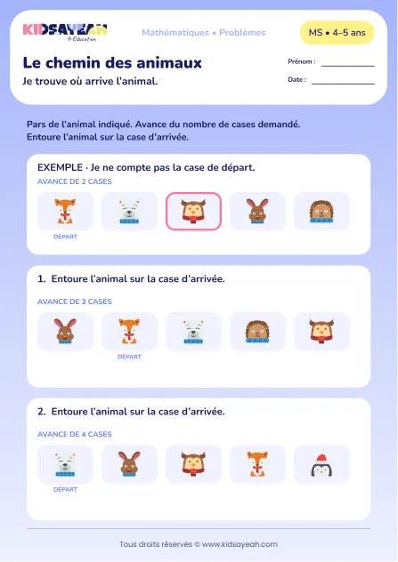 Le chemin des animaux – avancer d’un nombre de cases sur une piste en MS