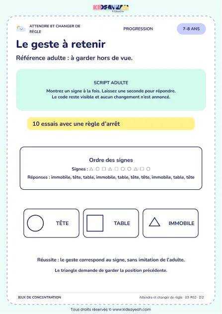 Le geste à retenir – jeu de règles et d’attention à imprimer pour les enfants de 7–8 ans – page 2 : page 2 : 2/2 — Script adulte