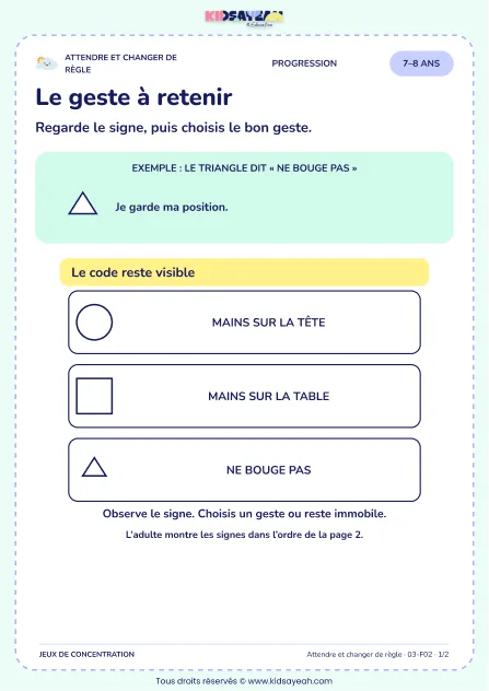 Le geste à retenir – jeu de règles et d’attention à imprimer pour les enfants de 7–8 ans