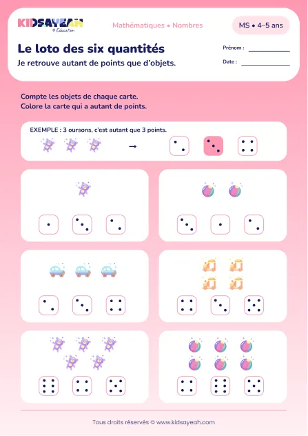 Le loto des six quantités – associer une collection à une carte à points jusqu’à 6 en MS