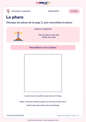 Le phare – activité de découpage et assemblage à imprimer pour les enfants de 5–6 ans