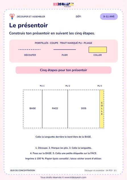 Le présentoir – activité de découpage et assemblage à imprimer pour les enfants de 9–11 ans