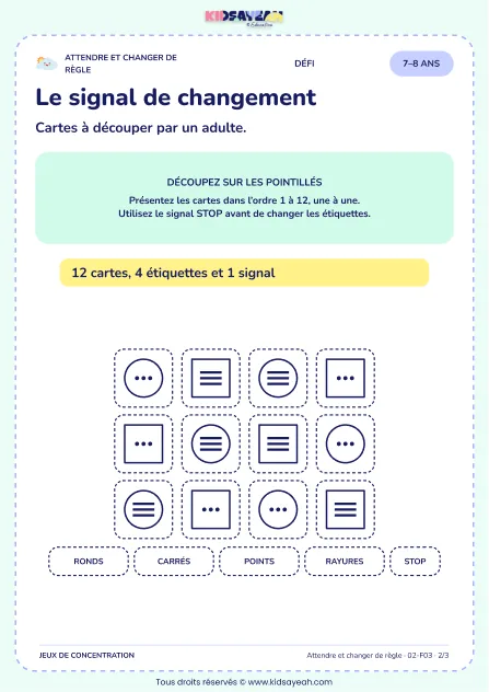 Le signal de changement – jeu de règles et d’attention à imprimer pour les enfants de 7–8 ans – page 2 : page 2 : 2/3 — Cartes