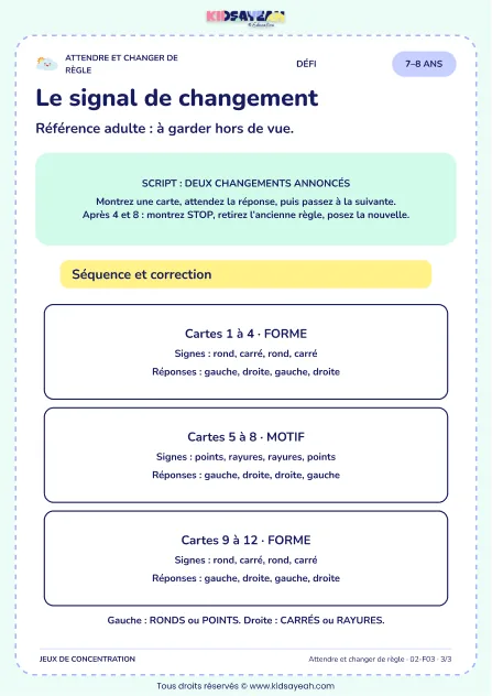 Le signal de changement – jeu de règles et d’attention à imprimer pour les enfants de 7–8 ans – page 3 : page 3 : 3/3 — Script adulte