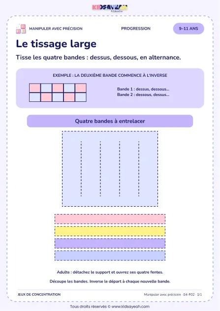 Le tissage large – activité de motricité fine à imprimer pour les enfants de 9–11 ans
