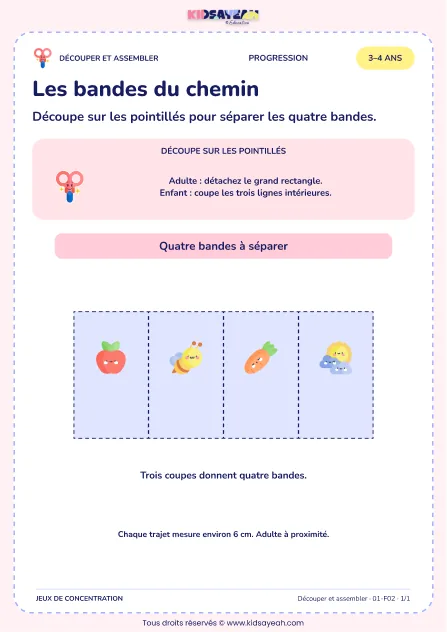 Les bandes du chemin – activité de découpage et assemblage à imprimer pour les enfants de 3–4 ans
