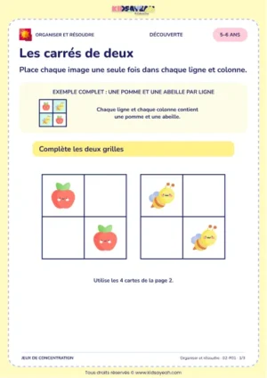 Les carrés de deux – jeu de logique et d’organisation à imprimer pour les enfants de 5–6 ans