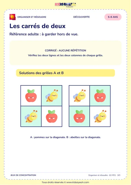 Les carrés de deux – jeu de logique et d’organisation à imprimer pour les enfants de 5–6 ans – page 3 : page 3 : 3/3 — Corrigé adulte