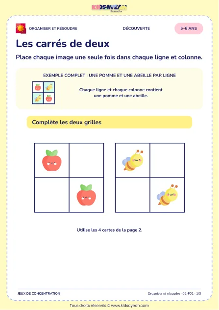 Les carrés de deux – jeu de logique et d’organisation à imprimer pour les enfants de 5–6 ans