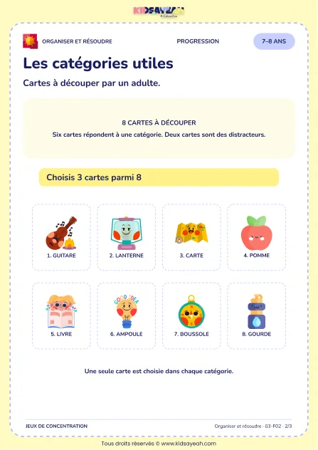 Les catégories utiles – jeu de logique et d’organisation à imprimer pour les enfants de 7–8 ans – page 2 : page 2 : 2/3 — Cartes