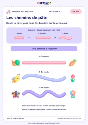 Les chemins de pâte – activité de motricité fine à imprimer pour les enfants de 5–6 ans