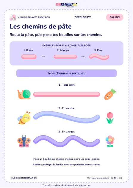 Les chemins de pâte – activité de motricité fine à imprimer pour les enfants de 5–6 ans