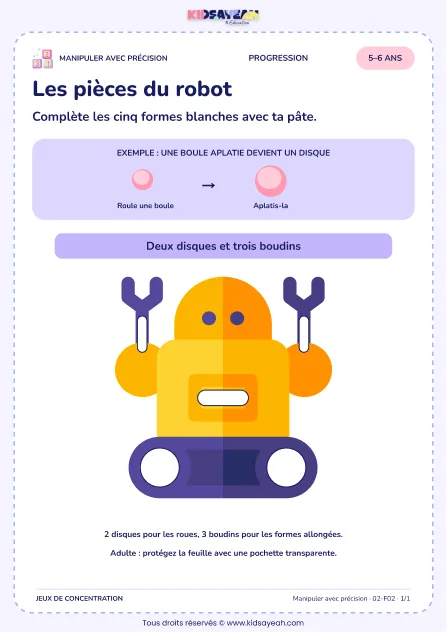 Les pièces du robot – activité de motricité fine à imprimer pour les enfants de 5–6 ans