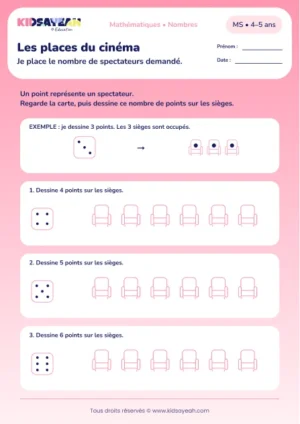 Les places du cinéma – représenter une quantité de 4 à 6 par des points en MS