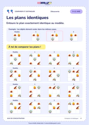 Les plans identiques – jeu de comparaison visuelle à imprimer pour les enfants de 9–11 ans