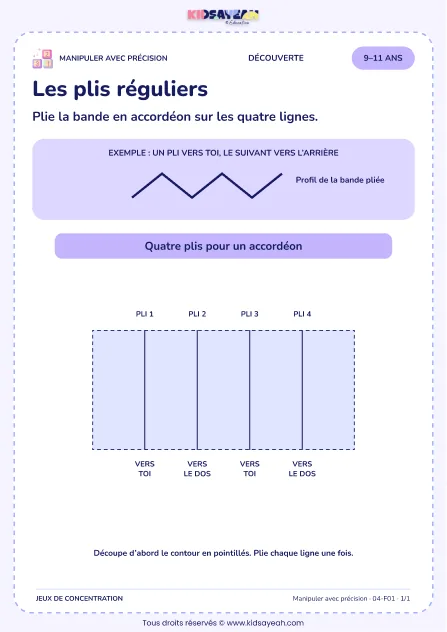 Les plis réguliers – activité de motricité fine à imprimer pour les enfants de 9–11 ans