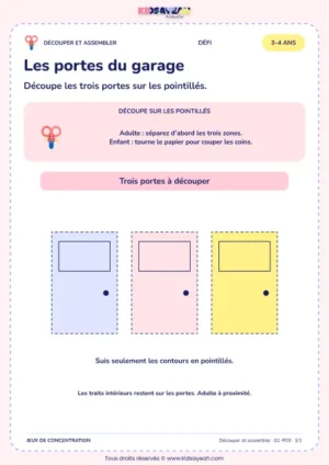 Les portes du garage – activité de découpage et assemblage à imprimer pour les enfants de 3–4 ans
