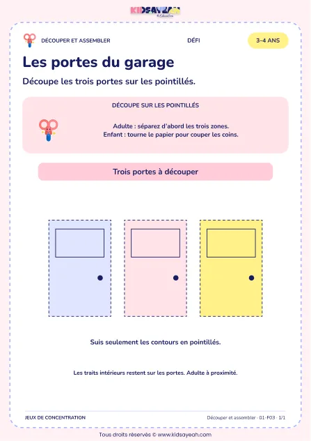 Les portes du garage – activité de découpage et assemblage à imprimer pour les enfants de 3–4 ans
