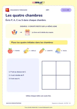 Les quatre chambres – jeu de logique et d’organisation à imprimer pour les enfants de 9–11 ans