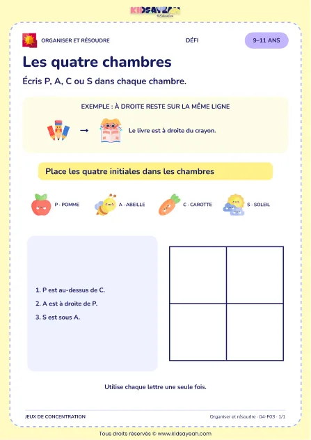 Les quatre chambres – jeu de logique et d’organisation à imprimer pour les enfants de 9–11 ans