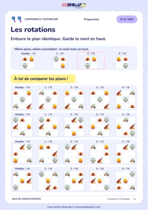 Les rotations – jeu de comparaison visuelle à imprimer pour les enfants de 9–11 ans
