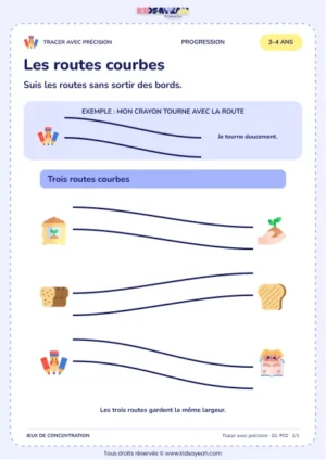 Les routes courbes – activité de tracé précis à imprimer pour les enfants de 3–4 ans